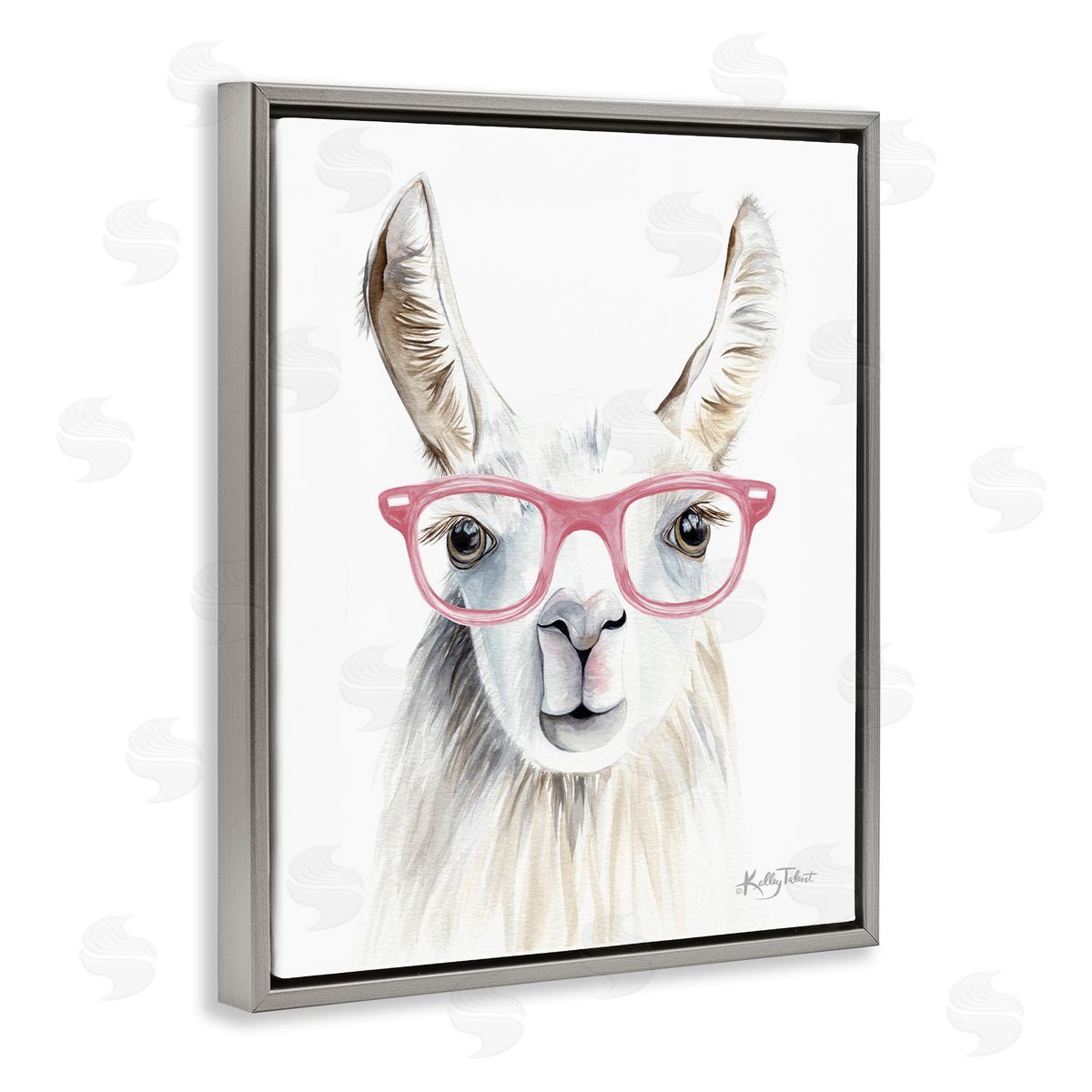 Kelley Talent Llama Wearing Pink Glasses Casual Animal Portrait  Gray Floating Frame Canvas Wall Art Print