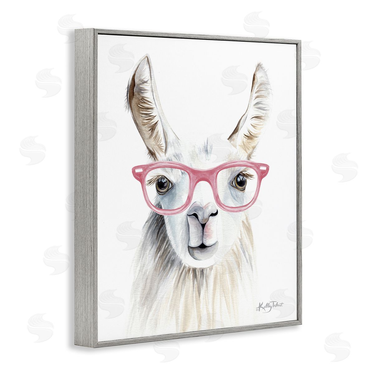 Kelley Talent Llama Wearing Pink Glasses Casual Animal Portrait  Gray Framed Giclee Wall Art Print