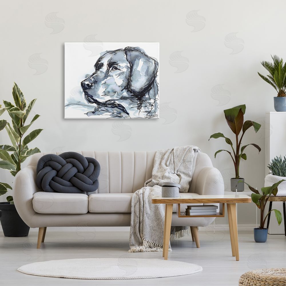 Kendra Shedenhelm Monochrome Ink Dog Portrait Abstract Watercolor Detail Canvas Wall Art Print in Room