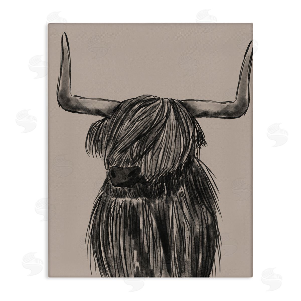 Lisa Perry Whitebutton Longhorn Highland Cattle Charcoal Line Drawing Portrait Stretched Canvas Wall Art Print