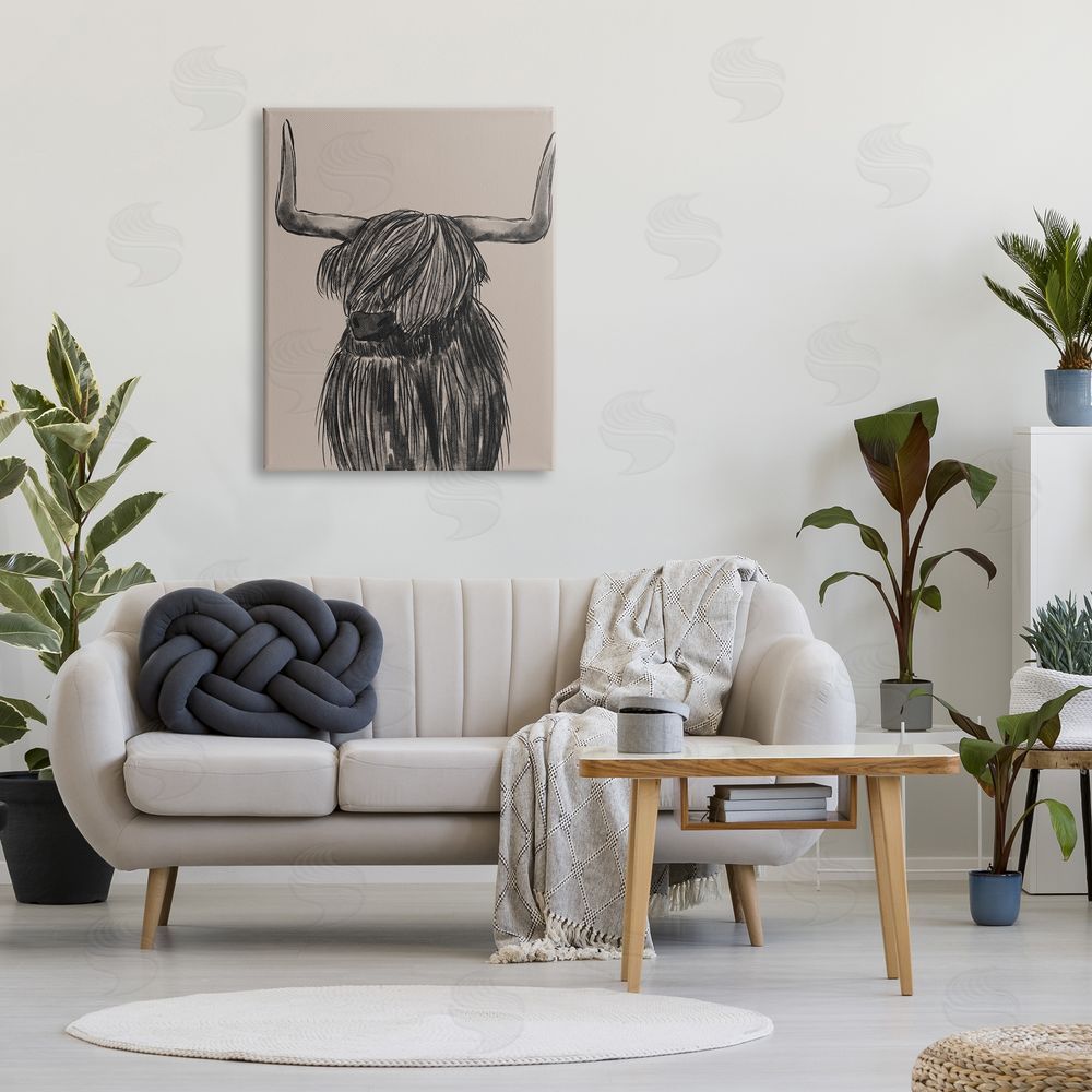 Lisa Perry Whitebutton Longhorn Highland Cattle Charcoal Line Drawing Portrait Canvas Wall Art Print in Room