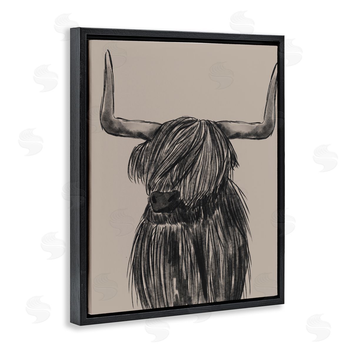 Lisa Perry Whitebutton Longhorn Highland Cattle Charcoal Line Drawing Portrait Black Floating Frame Canvas Wall Art Print