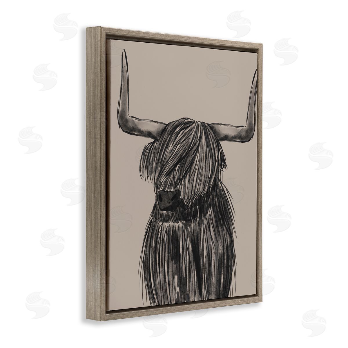 Lisa Perry Whitebutton Longhorn Highland Cattle Charcoal Line Drawing Portrait Brown Floating Frame Canvas Wall Art Print