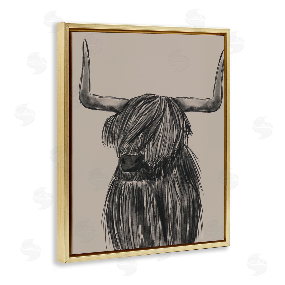 Lisa Perry Whitebutton Longhorn Highland Cattle Charcoal Line Drawing Portrait Gold Floating Frame Canvas Wall Art Print