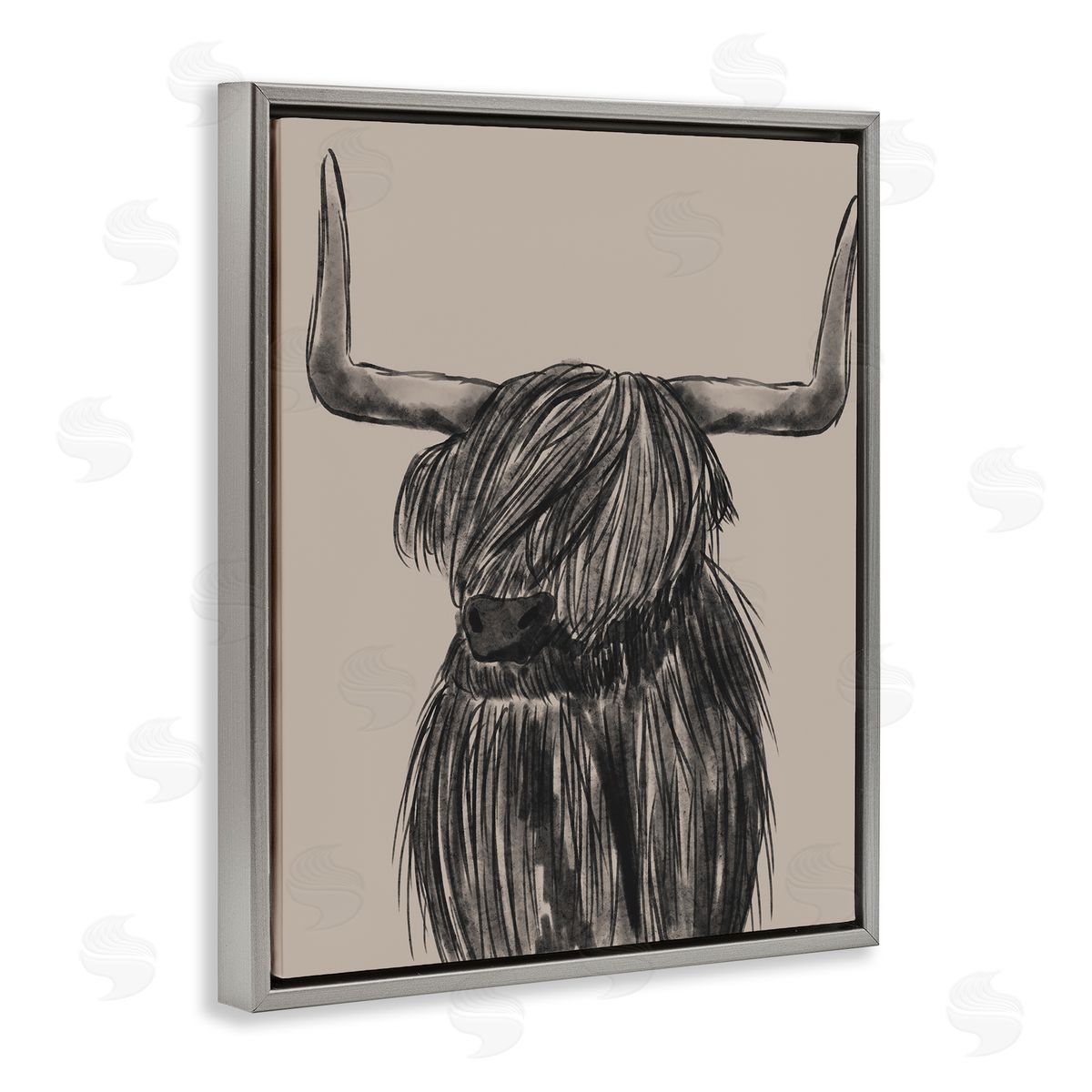 Lisa Perry Whitebutton Longhorn Highland Cattle Charcoal Line Drawing Portrait Gray Floating Frame Canvas Wall Art Print