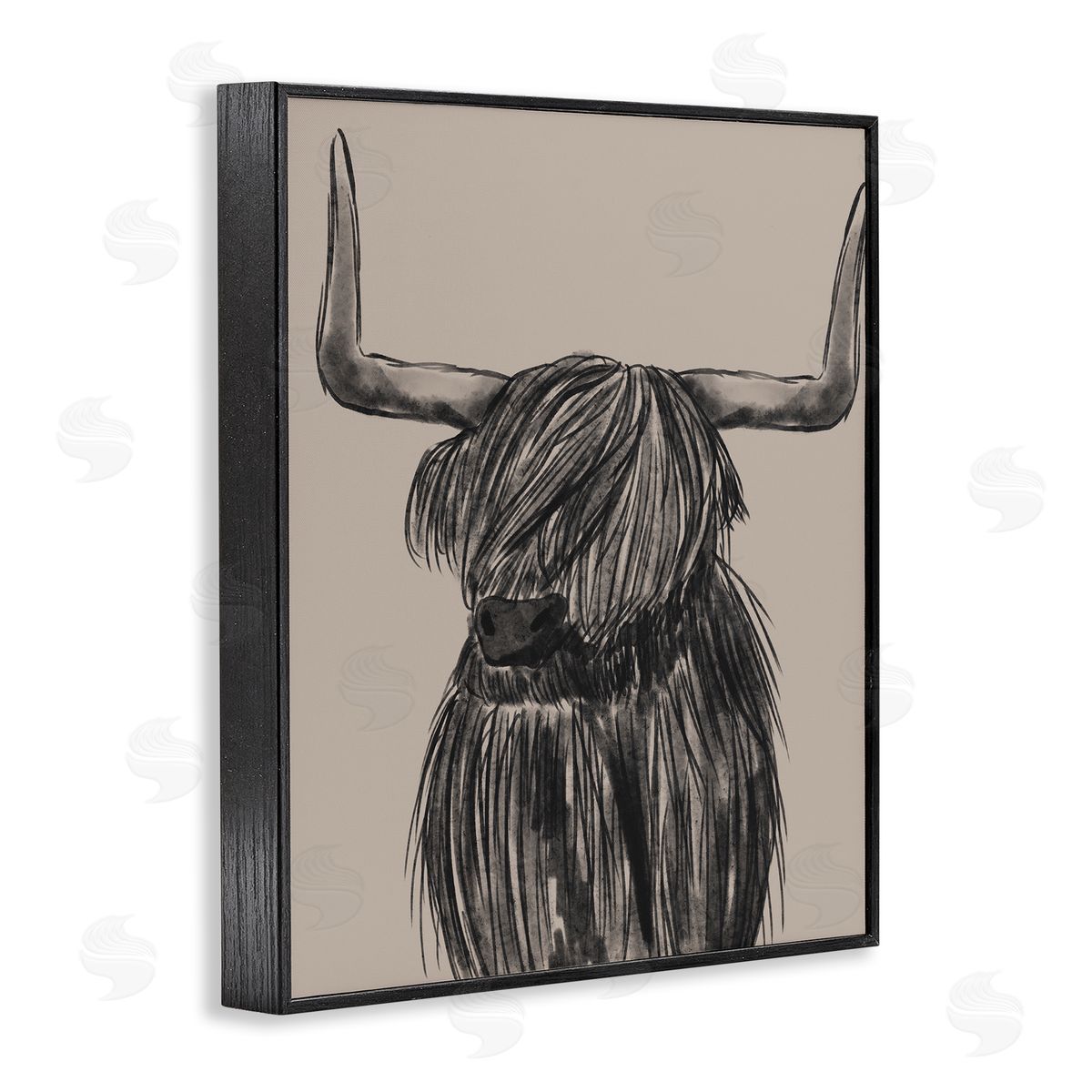 Lisa Perry Whitebutton Longhorn Highland Cattle Charcoal Line Drawing Portrait Black Framed Giclee Wall Art Print