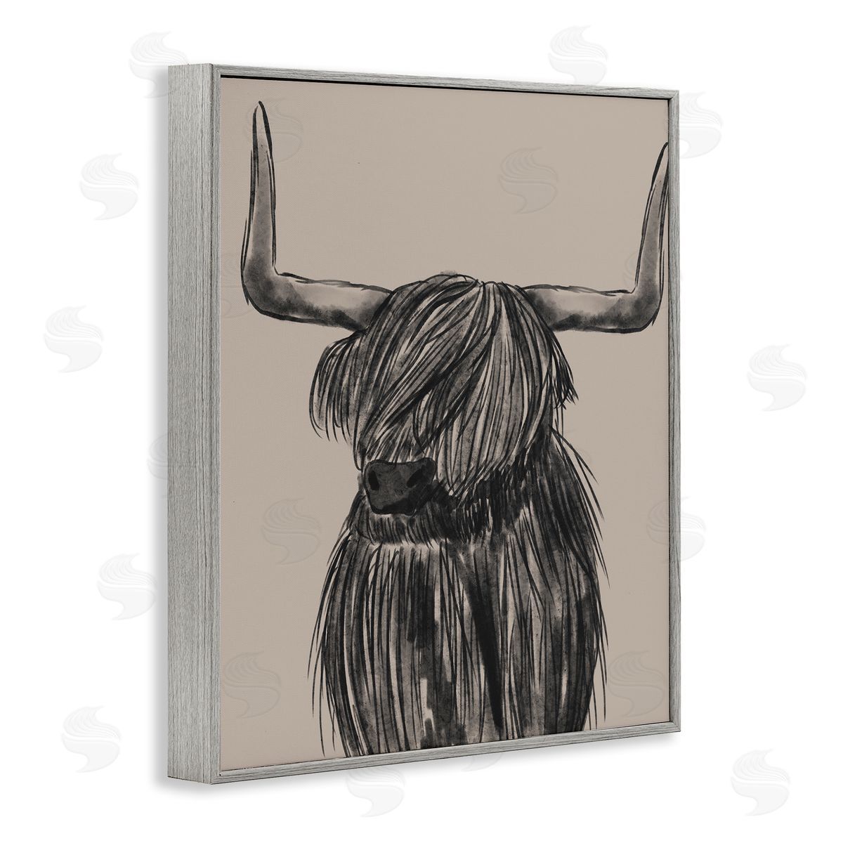 Lisa Perry Whitebutton Longhorn Highland Cattle Charcoal Line Drawing Portrait Gray Framed Giclee Wall Art Print