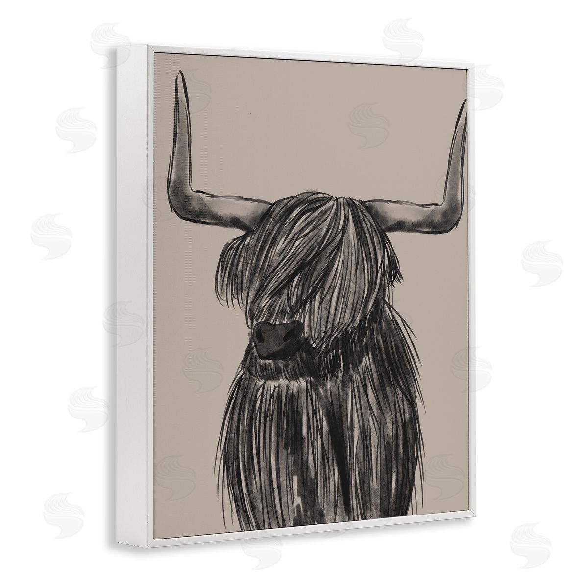 Lisa Perry Whitebutton Longhorn Highland Cattle Charcoal Line Drawing Portrait White Framed Giclee Wall Art Print