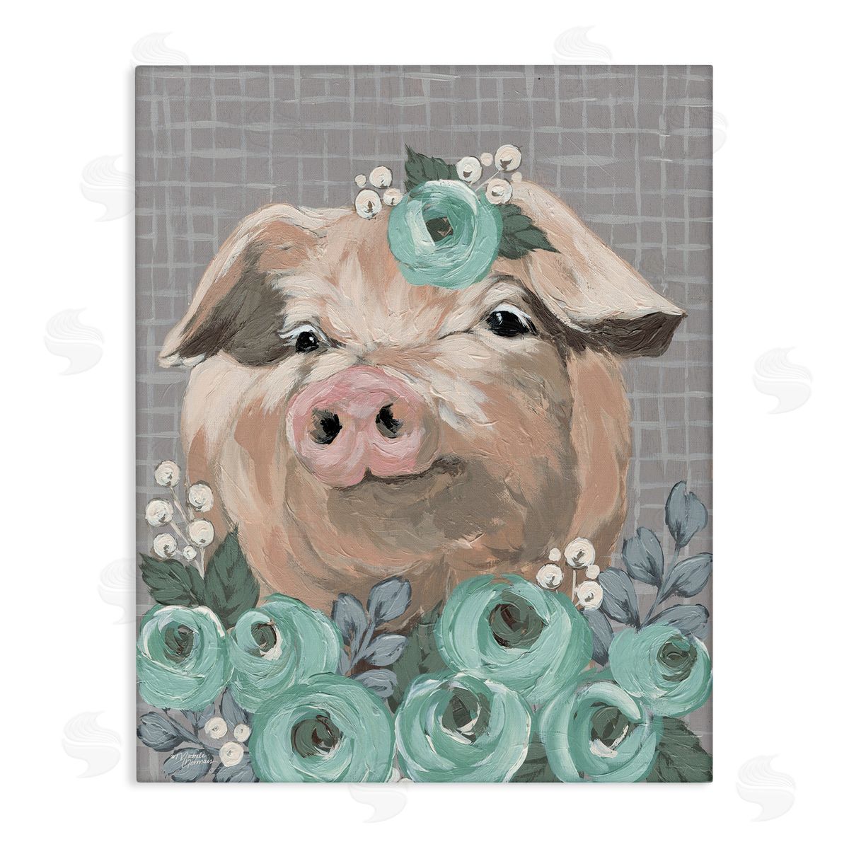Michele Norman Fuzzy Pig Surrounded Turquoise Flower Arrangement Pattern Stretched Canvas Wall Art Print