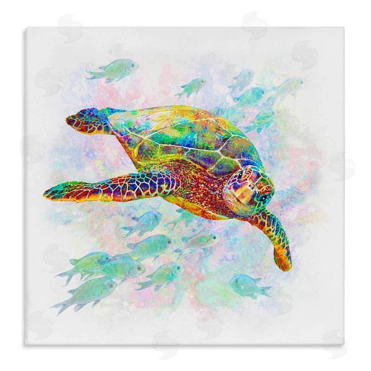 Michael Shelton Kaleidoscopic Sea Turtle Speckled Rainbow Fish Swimming Stretched Canvas Wall Art Print