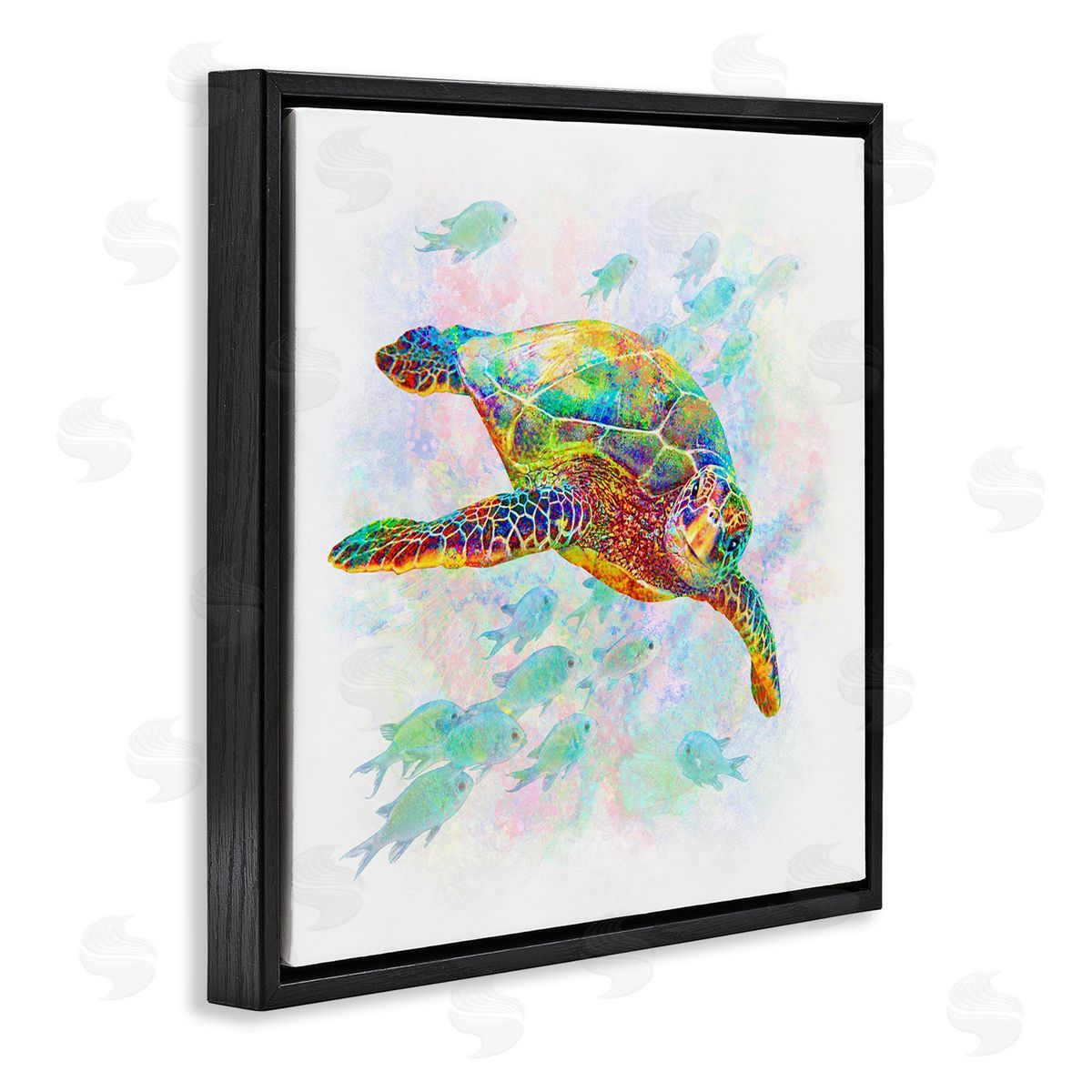 Michael Shelton Kaleidoscopic Sea Turtle Speckled Rainbow Fish Swimming Black Floating Frame Canvas Wall Art Print