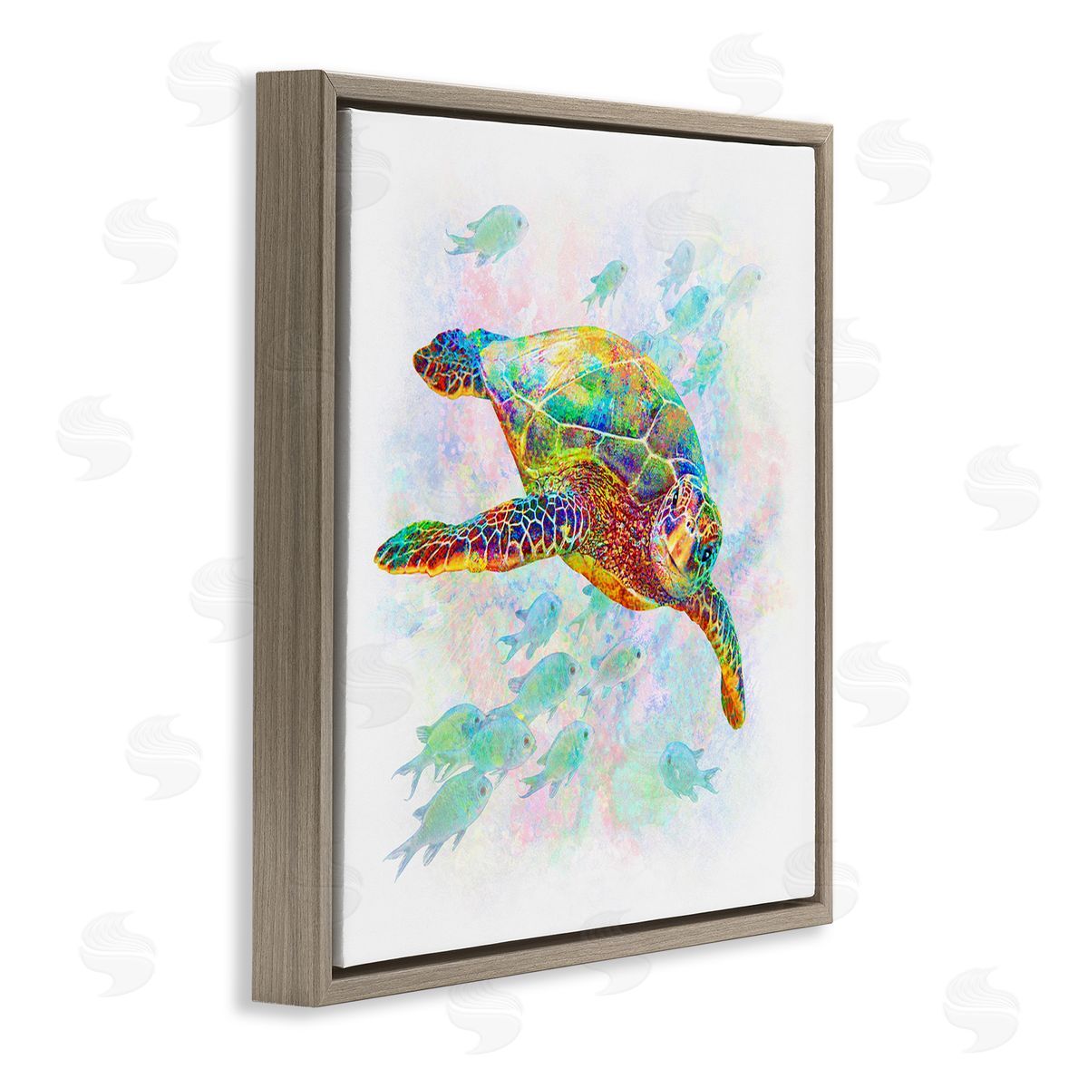 Michael Shelton Kaleidoscopic Sea Turtle Speckled Rainbow Fish Swimming Brown Floating Frame Canvas Wall Art Print