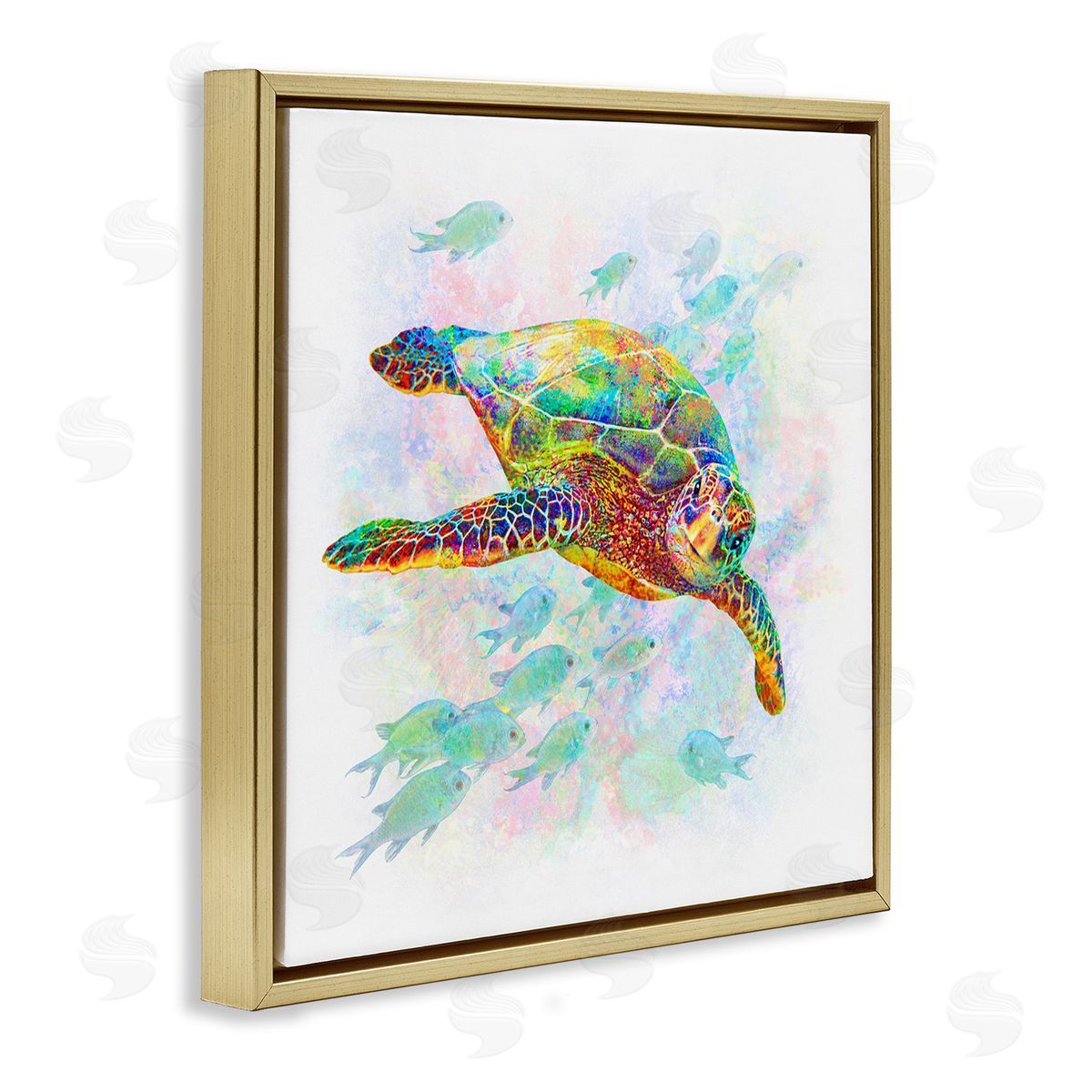Michael Shelton Kaleidoscopic Sea Turtle Speckled Rainbow Fish Swimming Gold Floating Frame Canvas Wall Art Print