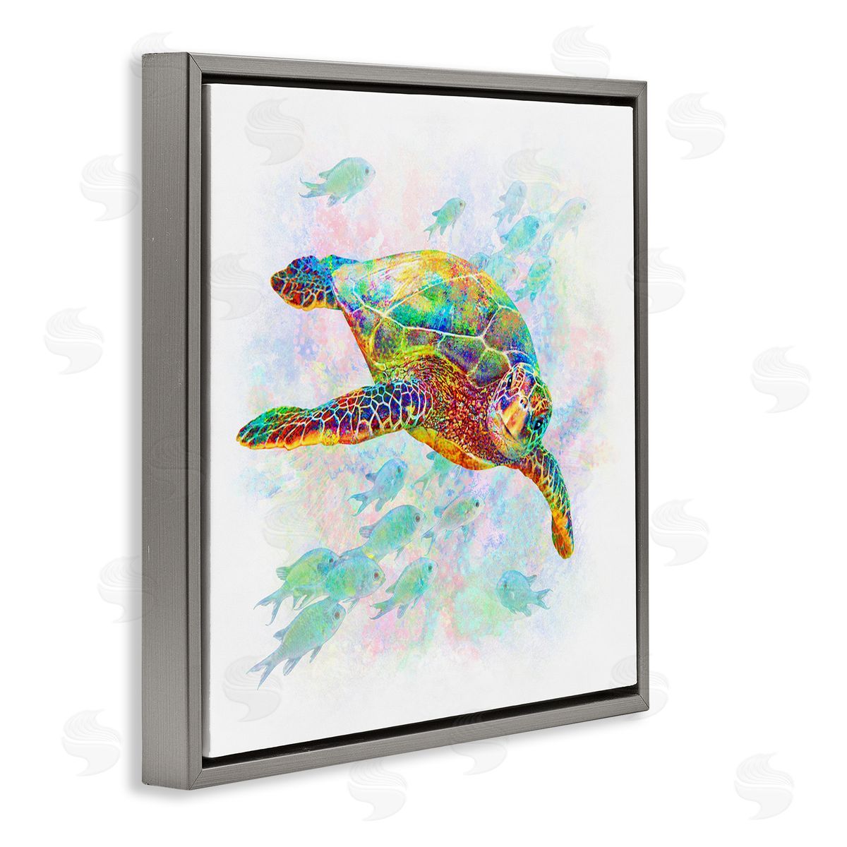 Michael Shelton Kaleidoscopic Sea Turtle Speckled Rainbow Fish Swimming Gray Floating Frame Canvas Wall Art Print