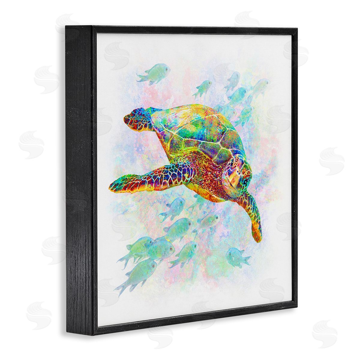 Michael Shelton Kaleidoscopic Sea Turtle Speckled Rainbow Fish Swimming Black Framed Glicee Wall Art Print