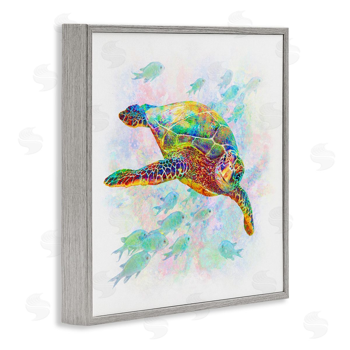 Michael Shelton Kaleidoscopic Sea Turtle Speckled Rainbow Fish Swimming Gray Framed Glicee Wall Art Print