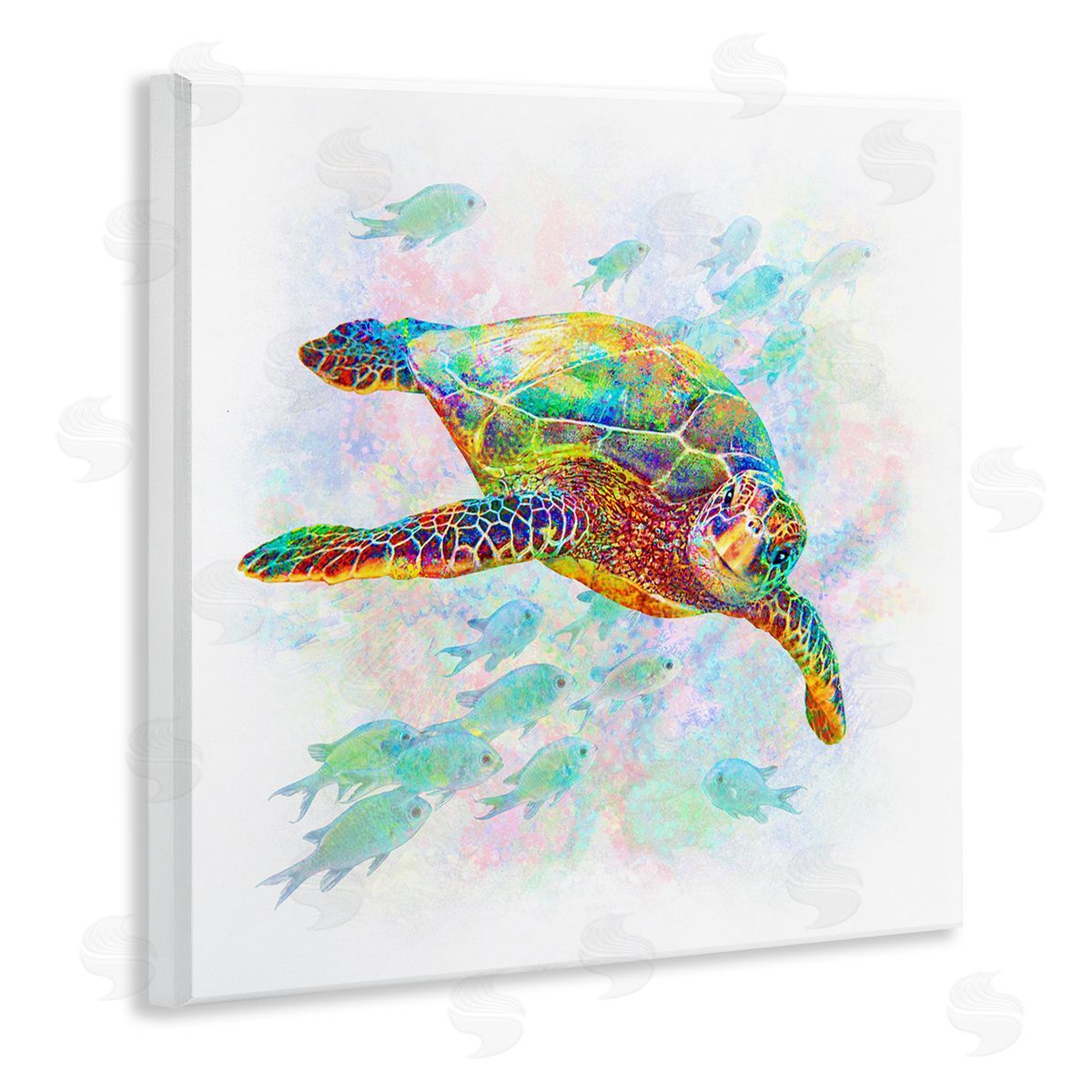 Michael Shelton Kaleidoscopic Sea Turtle Speckled Rainbow Fish Swimming Wooden Wall Plaque Art Print