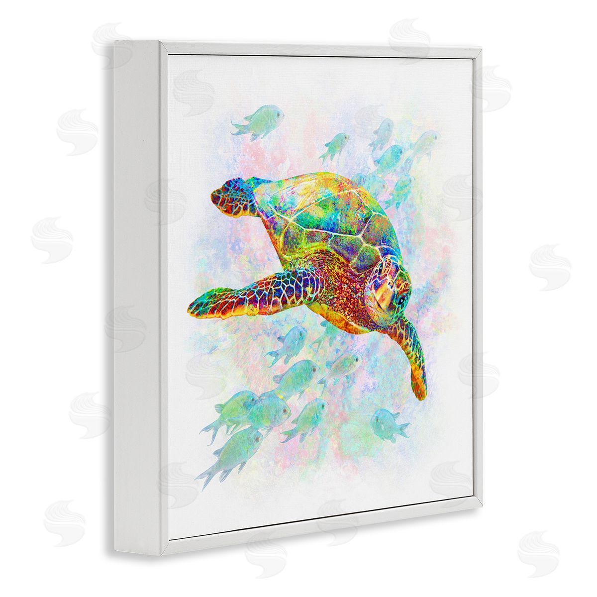 Michael Shelton Kaleidoscopic Sea Turtle Speckled Rainbow Fish Swimming White Framed Glicee Wall Art Print
