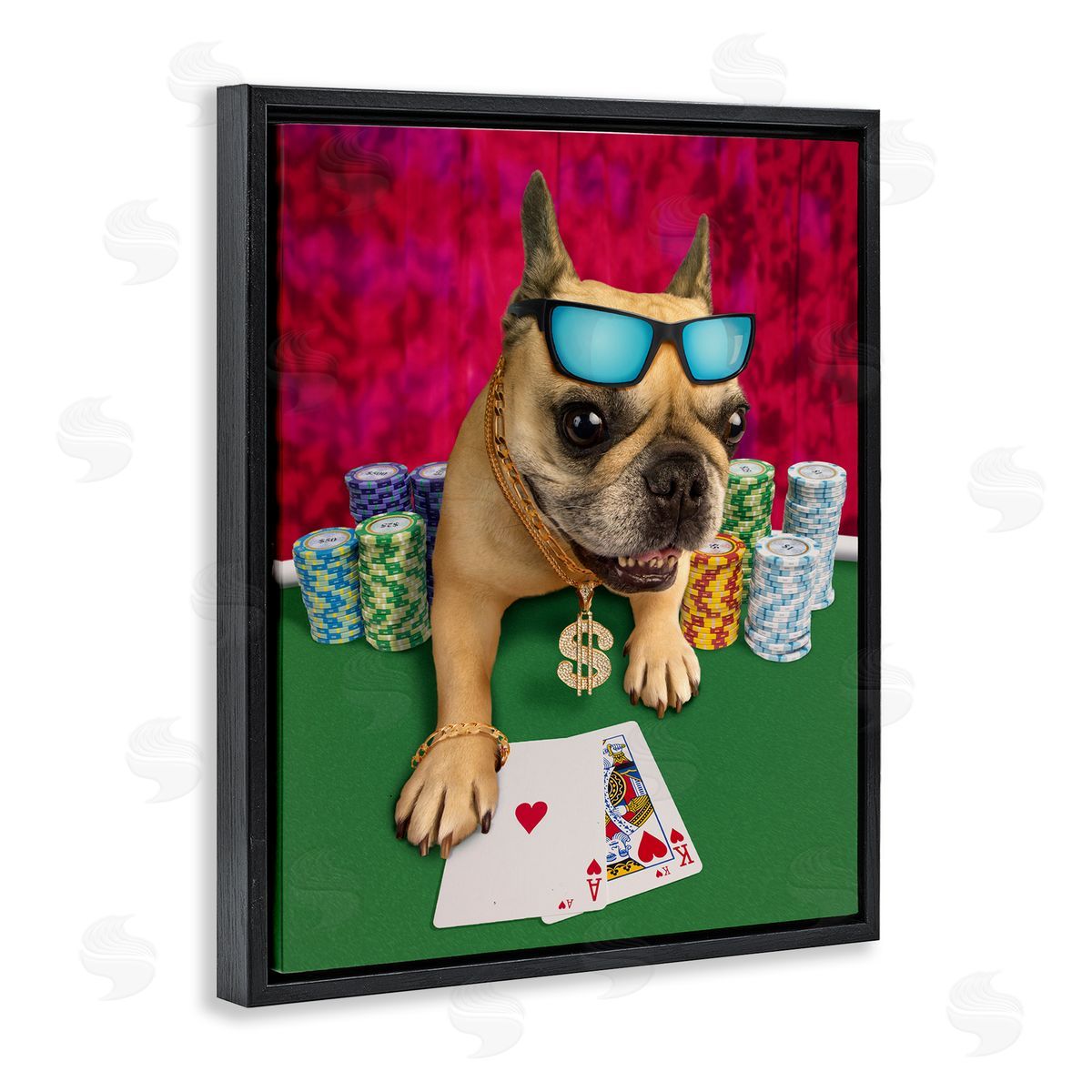 Michael Quackenbush Cool French Bulldog Gambling Casino Poker Chips  Black Floating Frame Canvas Wall Art Print
