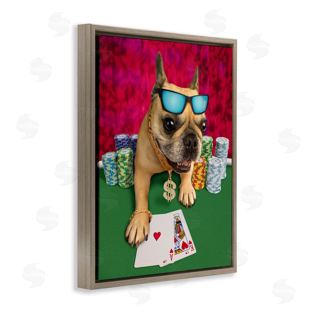 Michael Quackenbush Cool French Bulldog Gambling Casino Poker Chips  Brown Floating Frame Canvas Wall Art Print