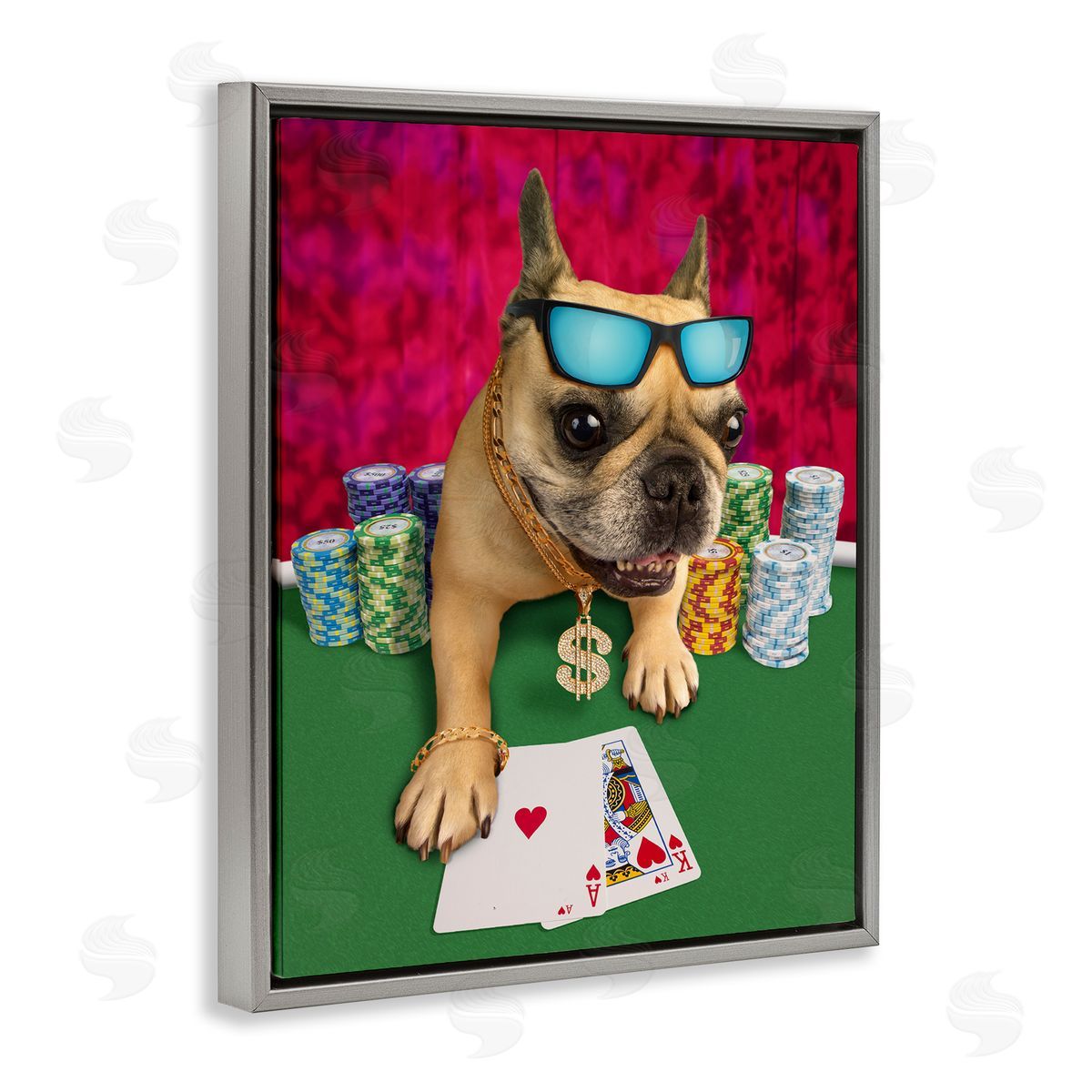 Michael Quackenbush Cool French Bulldog Gambling Casino Poker Chips  Gray Floating Frame Canvas Wall Art Print