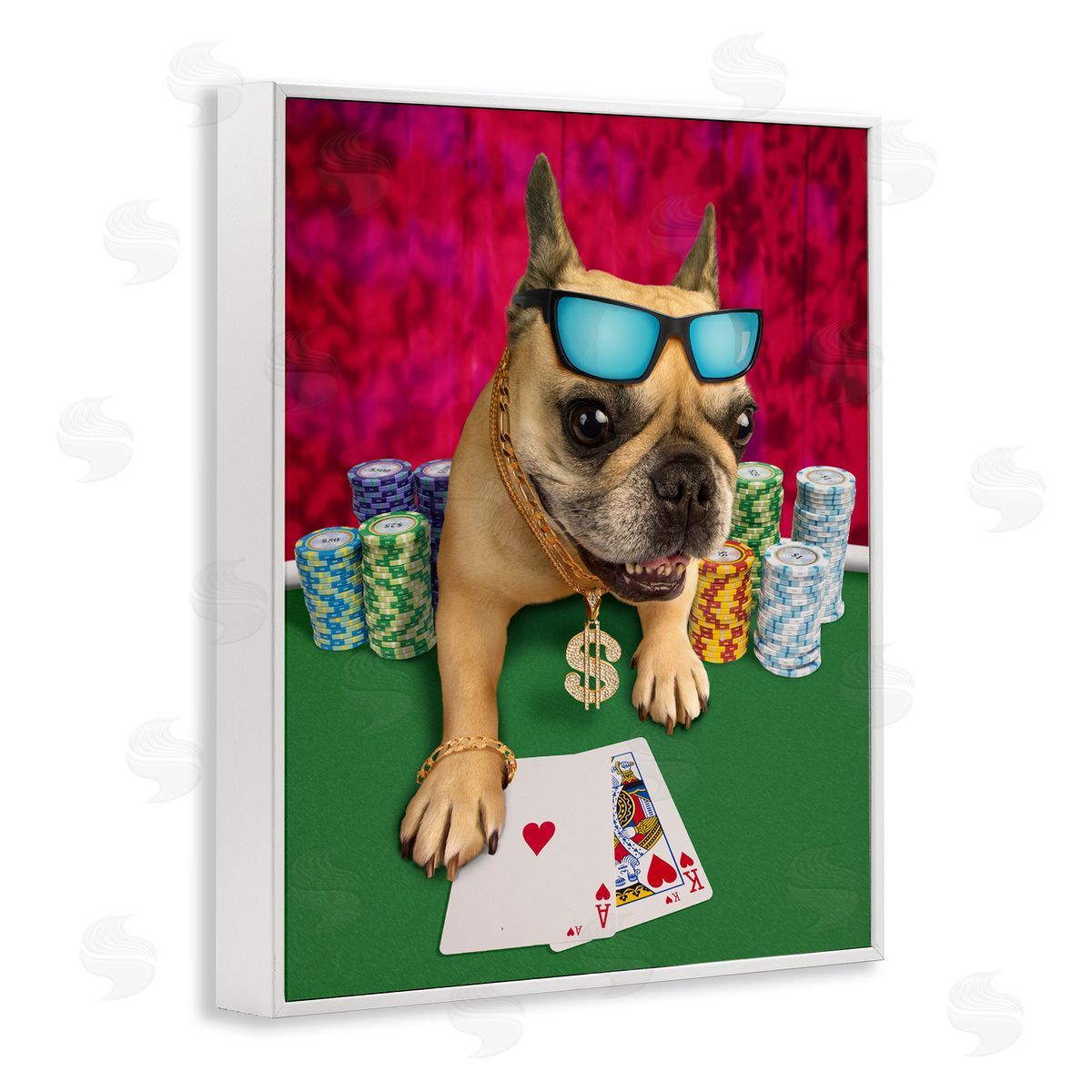Michael Quackenbush Cool French Bulldog Gambling Casino Poker Chips  White Framed Giclee Wall Art Print