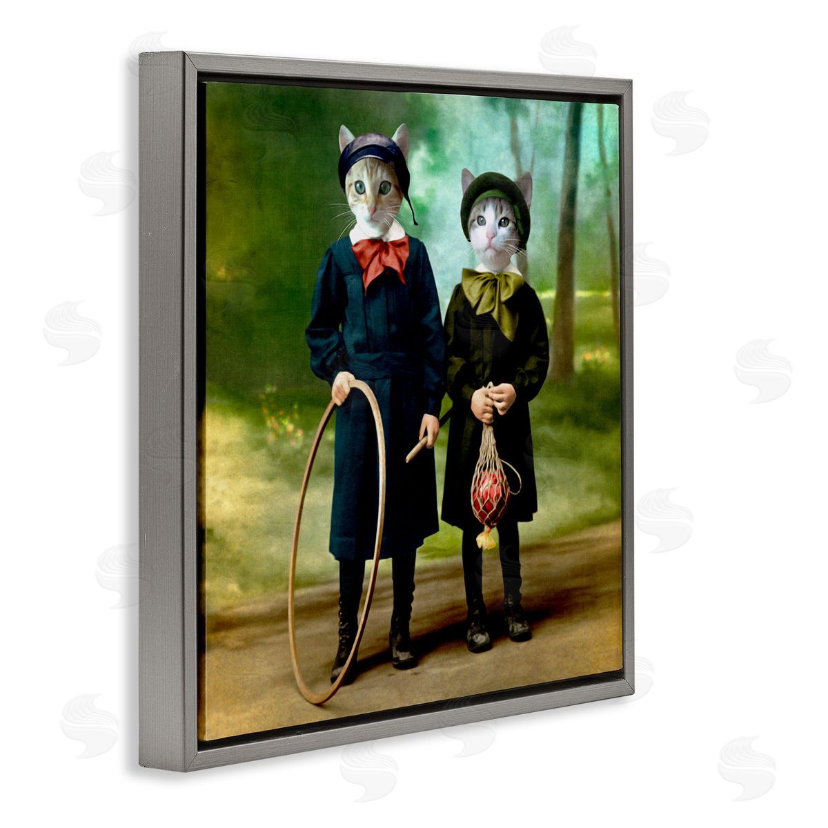 Martine Roch Cats Wearing Classic Clothing Vintage Style Portrait  Gray Floating Frame Canvas Wall Art Print
