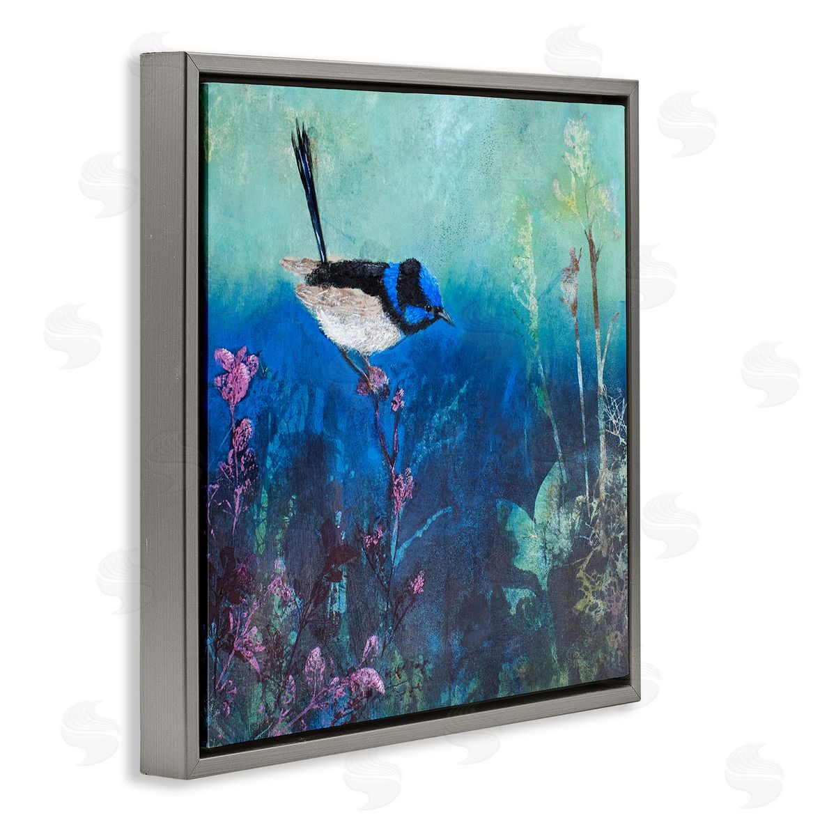 Trudy Rice Blue Bird Perched Sea Life Coral Underwater Scene Gray Floating Frame Canvas Wall Art Print