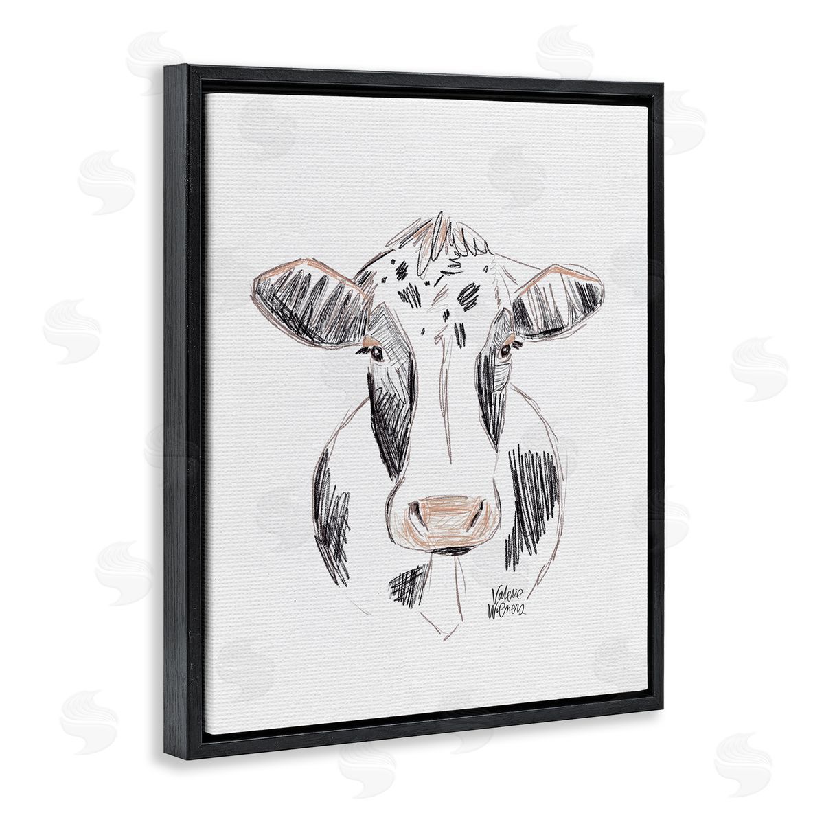 Valerie Wieners Dairy Cow Farm Animal Sketch Drawing Black Floating Frame Canvas Wall Art Print