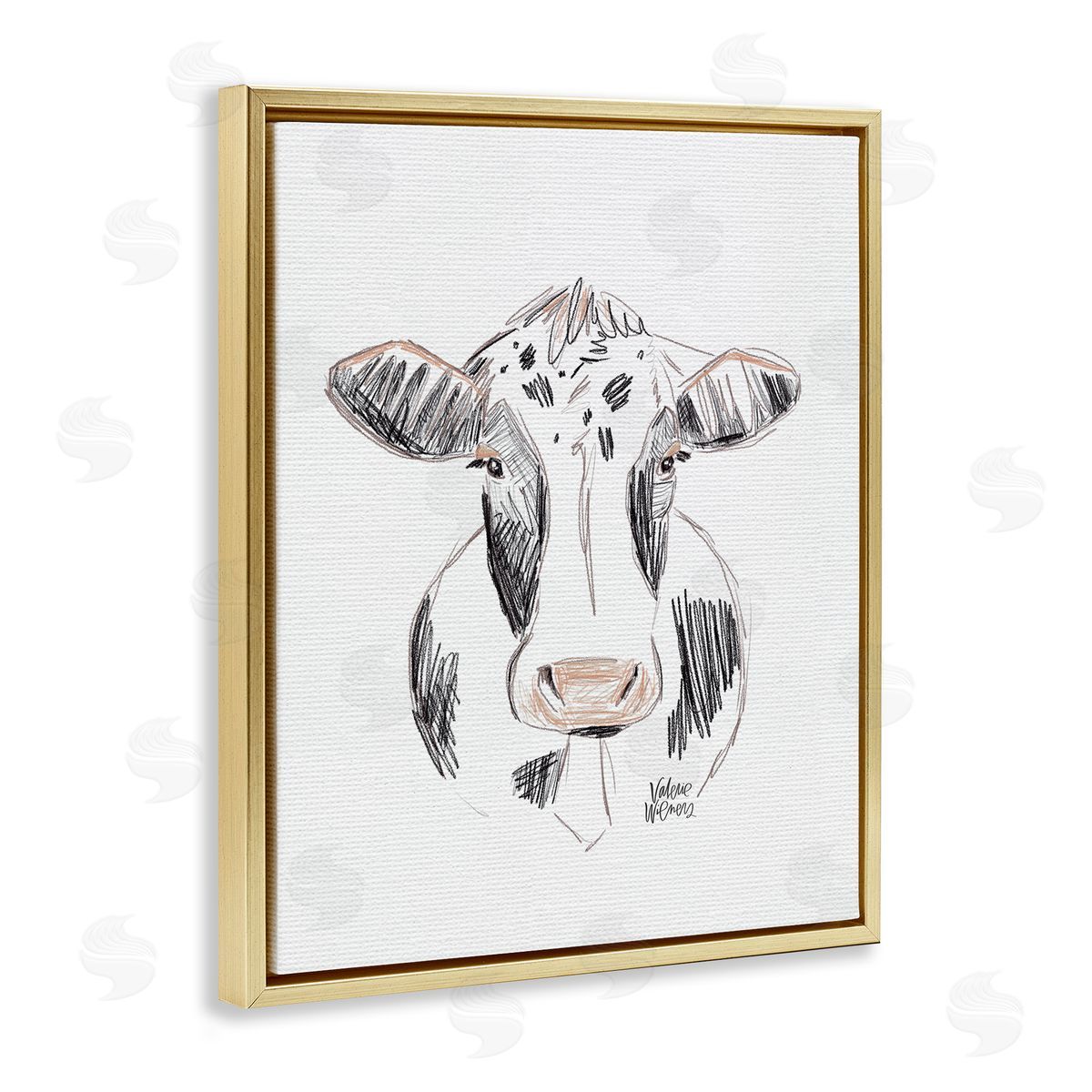Valerie Wieners Dairy Cow Farm Animal Sketch Drawing Gold Floating Frame Canvas Wall Art Print