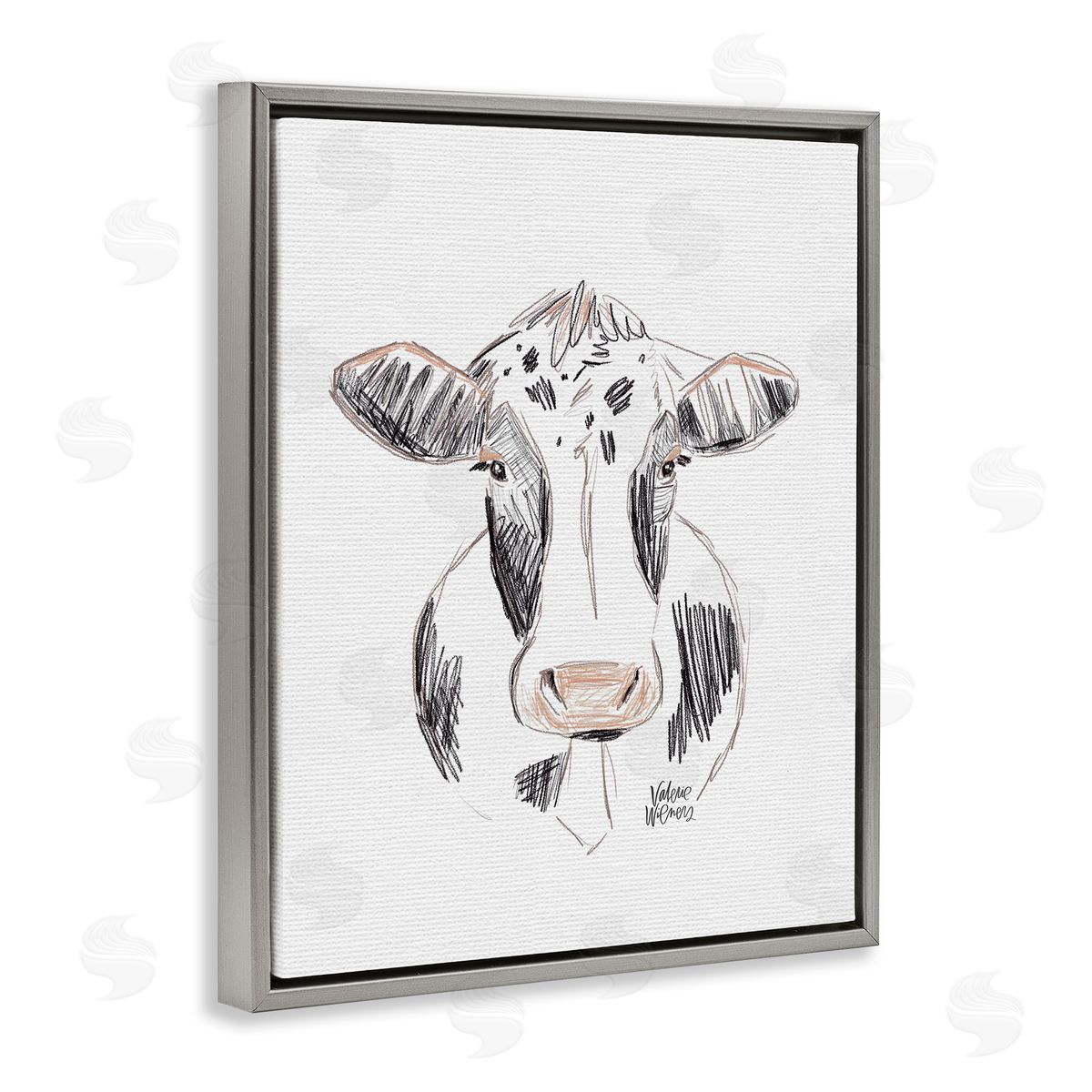 Valerie Wieners Dairy Cow Farm Animal Sketch Drawing Gray Floating Frame Canvas Wall Art Print