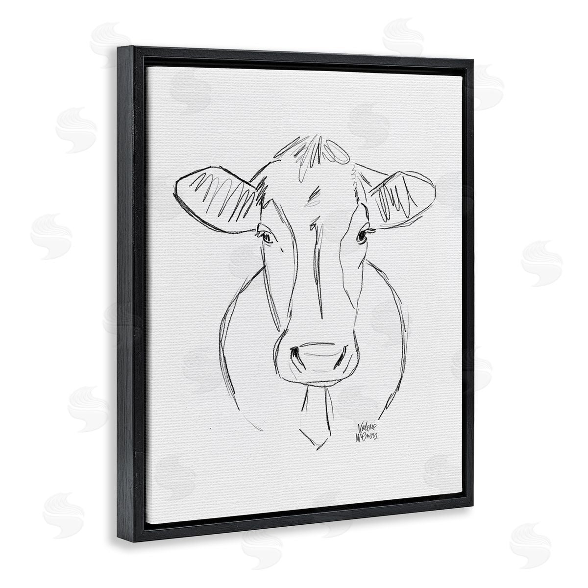 Valerie Wieners Farm Cattle Cow Pencil Sketch Drawing Portrait  Black Floating Frame Canvas Wall Art Print
