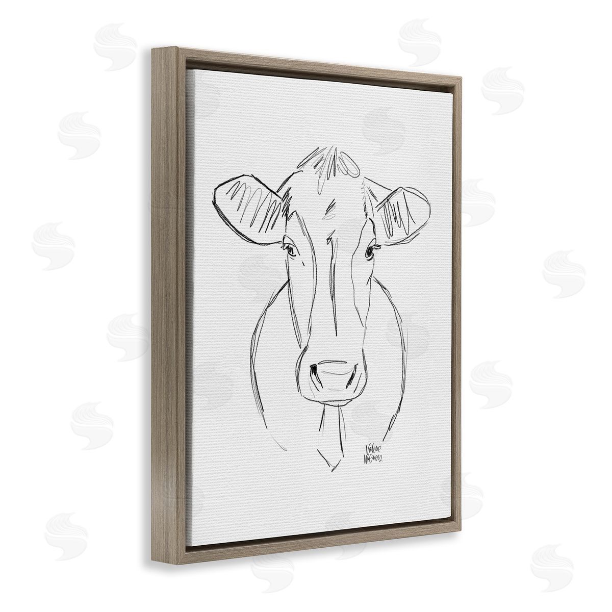 Valerie Wieners Farm Cattle Cow Pencil Sketch Drawing Portrait  Brown Floating Frame Canvas Wall Art Print