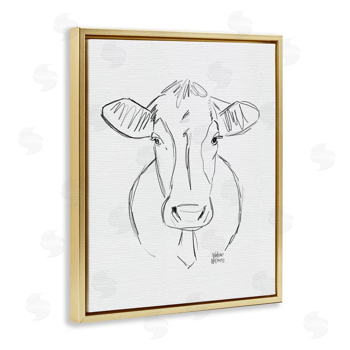 Valerie Wieners Farm Cattle Cow Pencil Sketch Drawing Portrait  Gold Floating Frame Canvas Wall Art Print