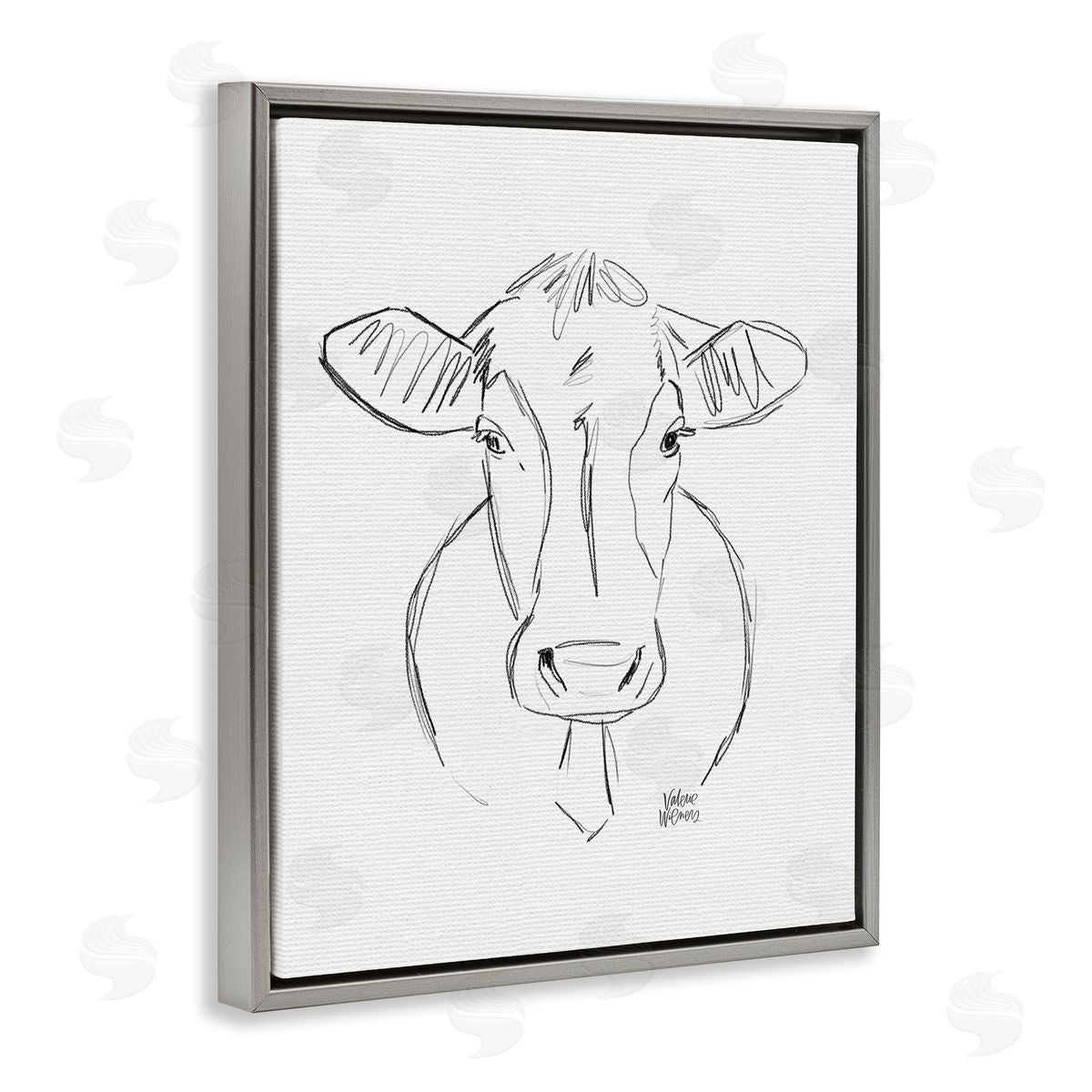 Valerie Wieners Farm Cattle Cow Pencil Sketch Drawing Portrait  Gray Floating Frame Canvas Wall Art Print