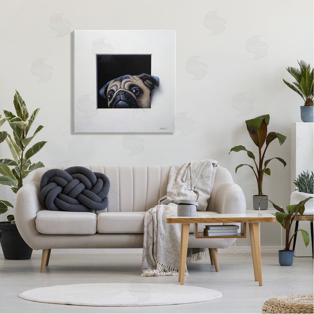 Alan Weston Pug Peeking Optical Illusion Square Detailed Painting Canvas Wall Art in Room