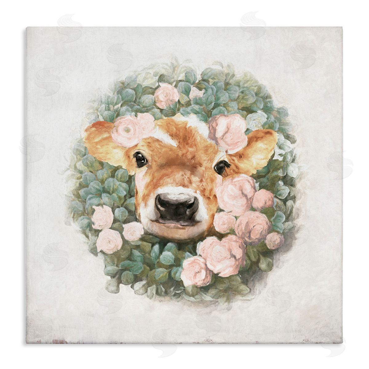 White Ladder Adorable Baby Calf Cow Pink Blossom Wreath  Stretched Canvas Wall Art Print