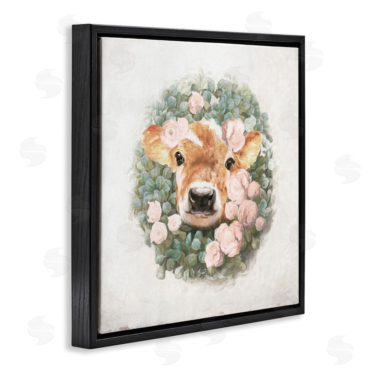White Ladder Adorable Baby Calf Cow Pink Blossom Wreath  Black Floating Frame Canvas Wall Art Print