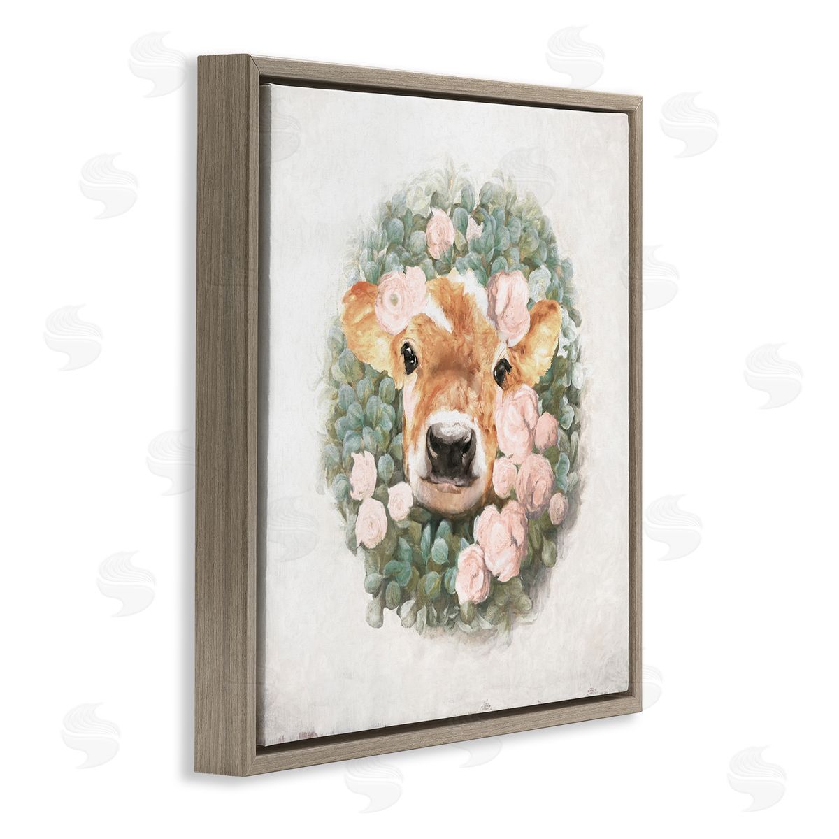 White Ladder Adorable Baby Calf Cow Pink Blossom Wreath  Brown Floating Frame Canvas Wall Art Print
