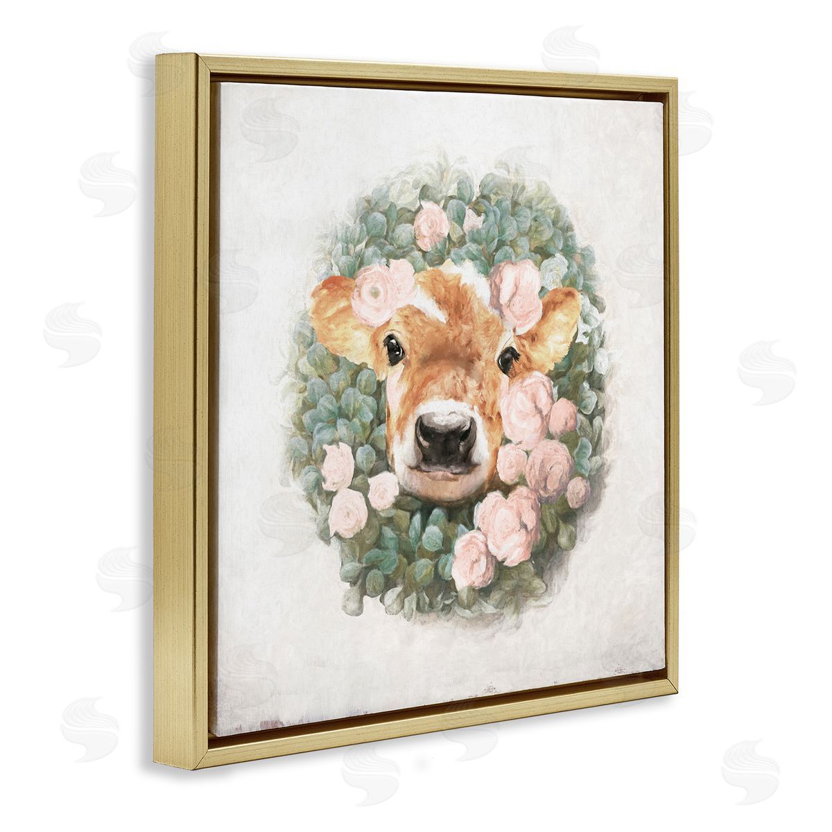White Ladder Adorable Baby Calf Cow Pink Blossom Wreath  Gold Floating Frame Canvas Wall Art Print
