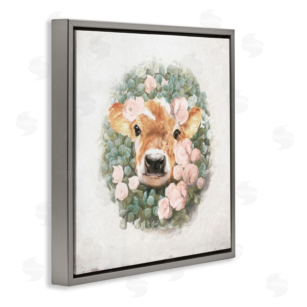 White Ladder Adorable Baby Calf Cow Pink Blossom Wreath  Gray Floating Frame Canvas Wall Art Print