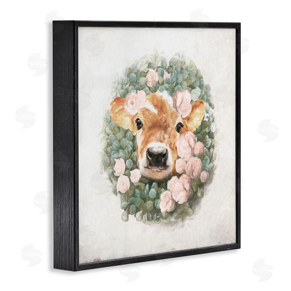 White Ladder Adorable Baby Calf Cow Pink Blossom Wreath  Black Framed Glicee Wall Art Print