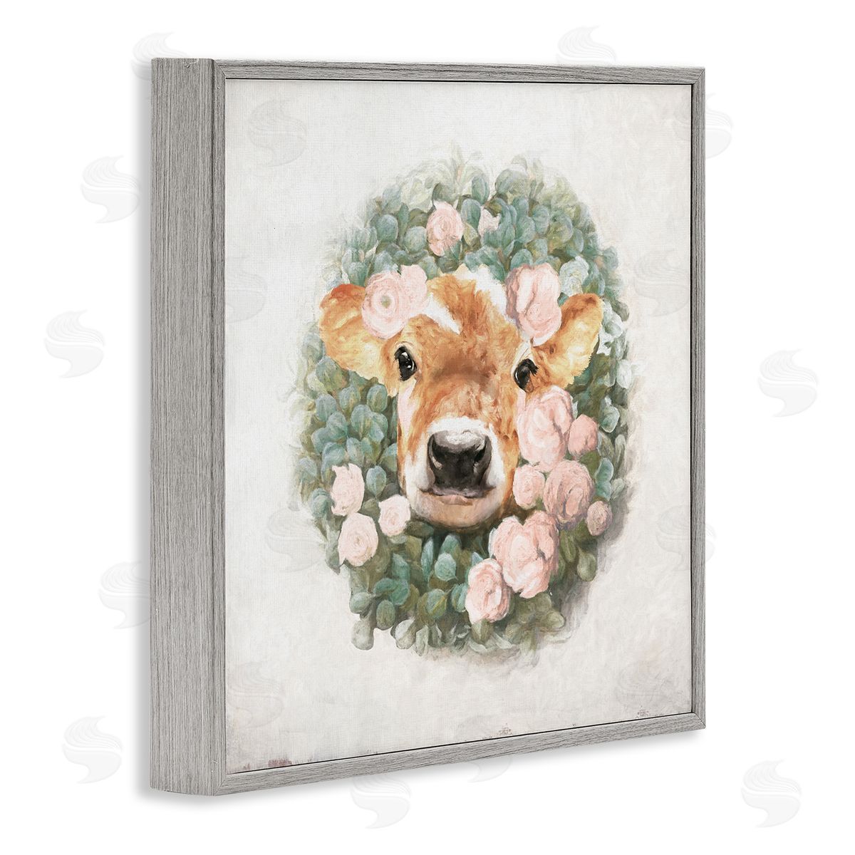 White Ladder Adorable Baby Calf Cow Pink Blossom Wreath  Gray Framed Glicee Wall Art Print