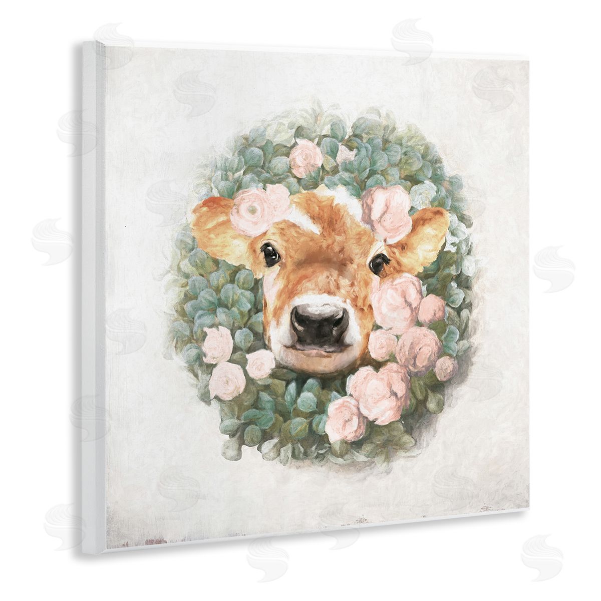 White Ladder Adorable Baby Calf Cow Pink Blossom Wreath  Wooden Wall Plaque Art Print