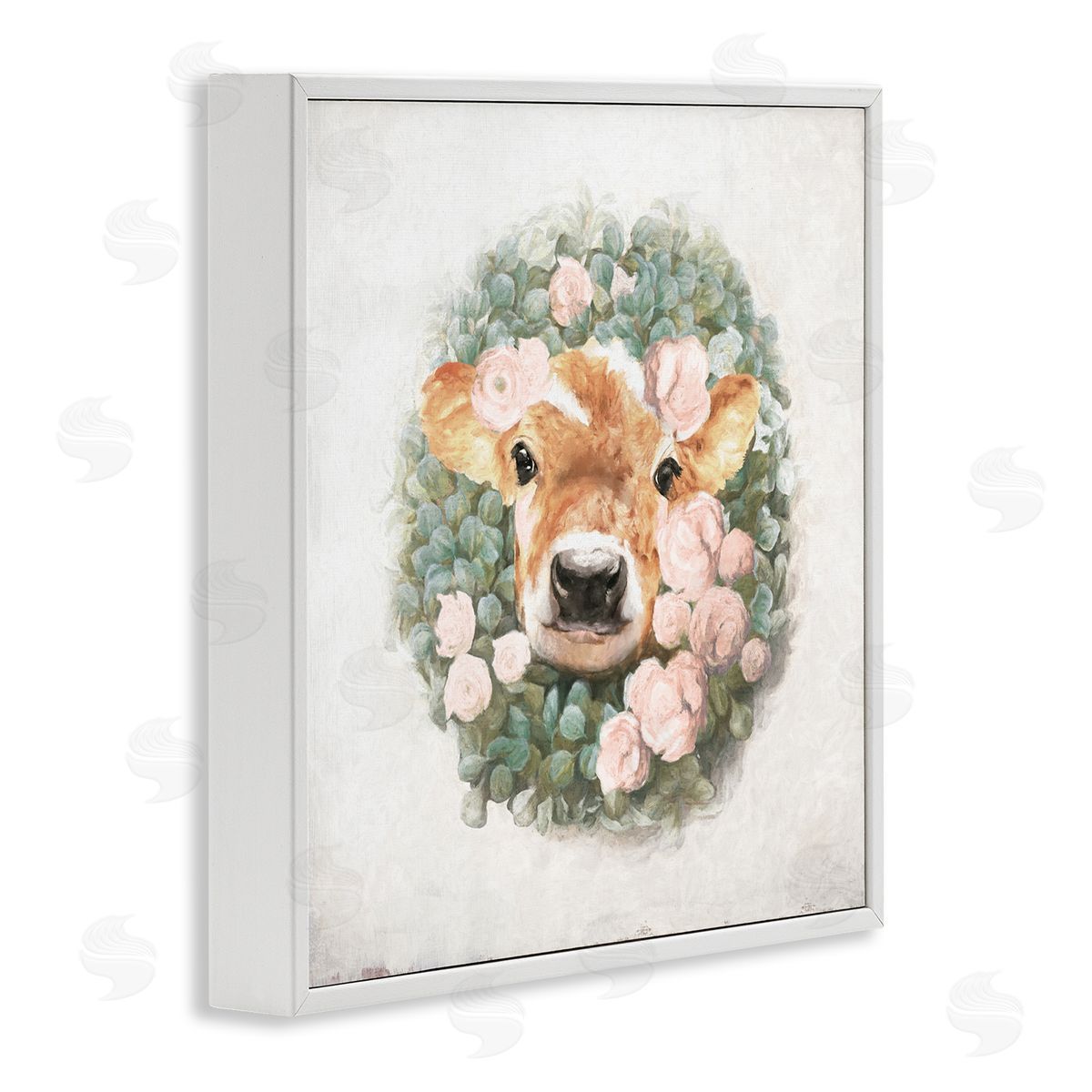 White Ladder Adorable Baby Calf Cow Pink Blossom Wreath  White Framed Glicee Wall Art Print