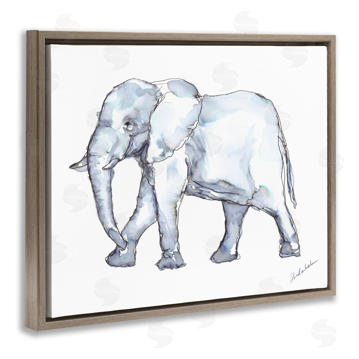 Kendra Shedenhelm Elephant Walking Casual Watercolor Sketch  Brown Floating Frame Canvas Wall Art Print