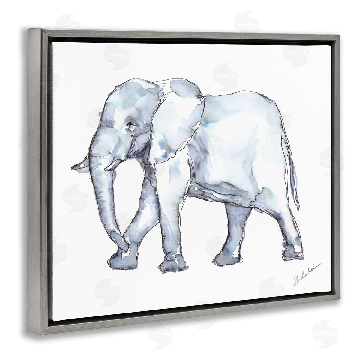 Kendra Shedenhelm Elephant Walking Casual Watercolor Sketch  Gray Floating Frame Canvas Wall Art Print