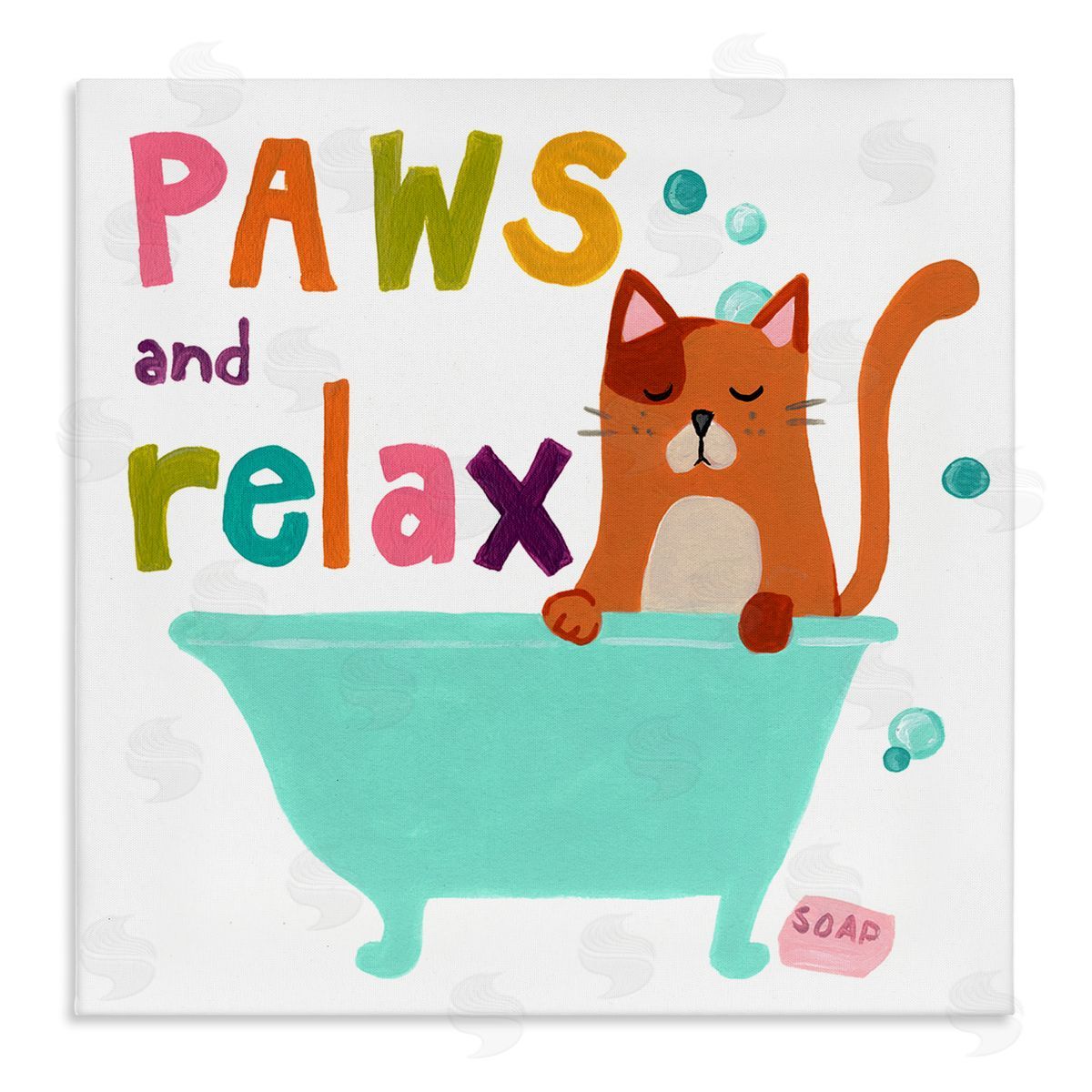 June Erica Vess Paws & Relax Cat Bathtub Bathroom Restful Phrase   Stretched Canvas Wall Art Print