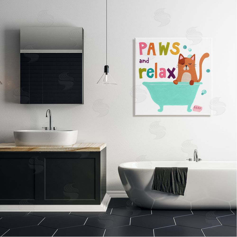 June Erica Vess Paws & Relax Cat Bathtub Bathroom Restful Phrase   Canvas Wall Art in Room