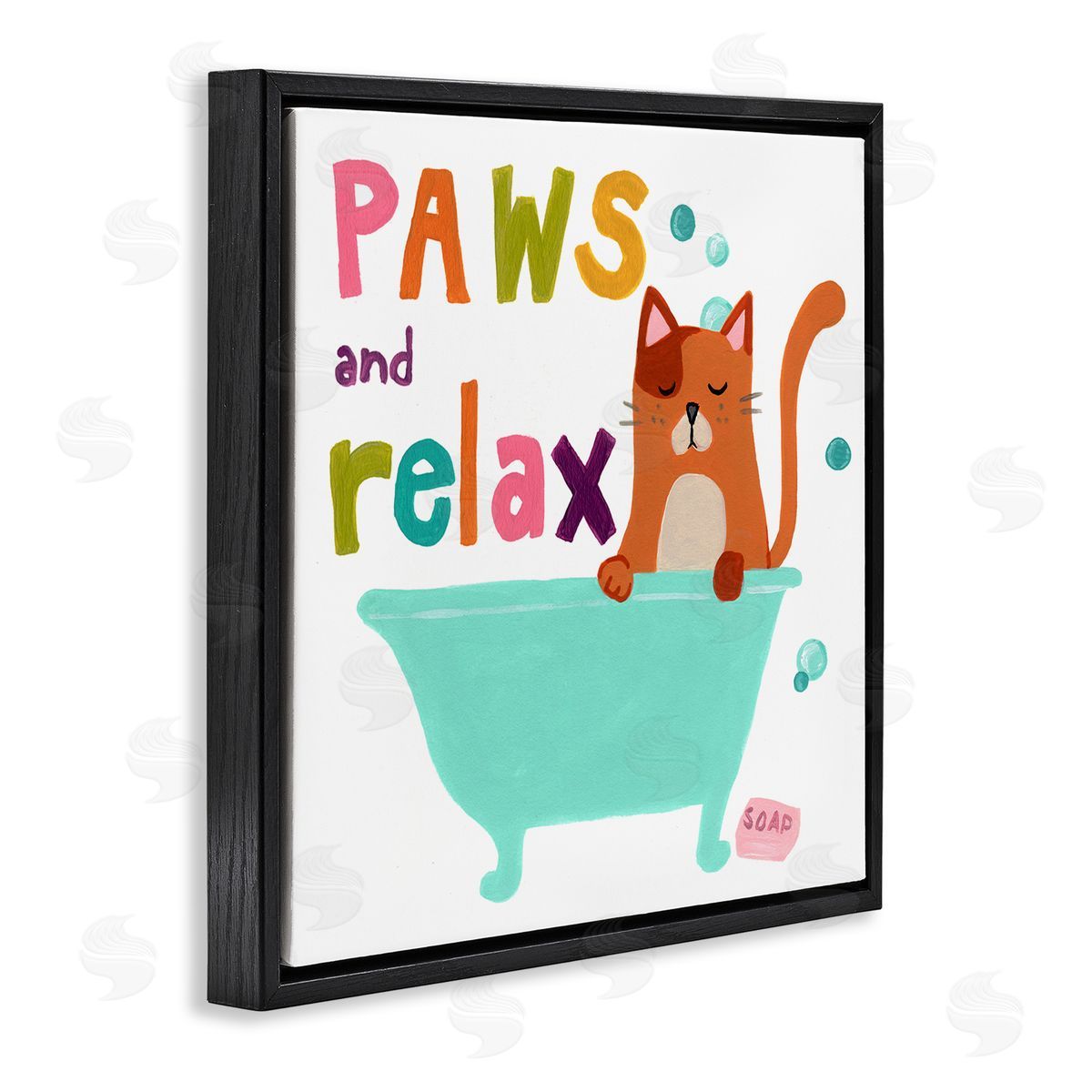 June Erica Vess Paws & Relax Cat Bathtub Bathroom Restful Phrase   Black Floating Frame Canvas Wall Art Print